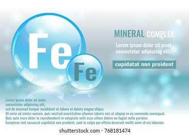 Mineral fe, ferrum complex with chemical element symbol. Pharmaceutic, medical background with space for text.