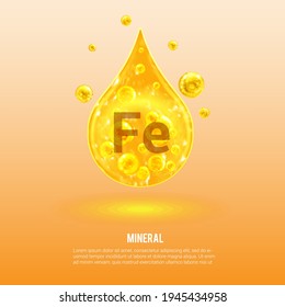  Mineral Fe. Ferrum. Mineral Vitamin complex. Golden drop and golden balls. Health concept. Fe Ferrum.