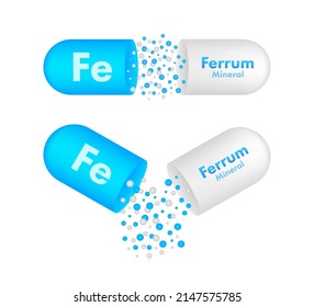 Mineral Fe Ferum blue shining pill capsule icon. Vector stock illustration