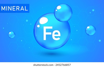 Mineral Fe Ferum blue shining pill capsule icon. Mineral Fe Ferum symbol. Mineral Vitamin complex with Chemical formula. Shining cyan substance drop. Meds for heath ads. Mineral Fe Ferum sign