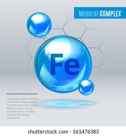 Mineral Fe Ferum blue shining pill capcule icon . Mineral Vitamin complex with Chemical formula . Shining cyan substance drop. Meds for heath ads. Vector illustration