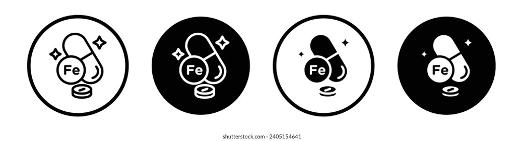 Mineral Fe icon set. iron element medical supplement vector symbol in filled and outlined style.