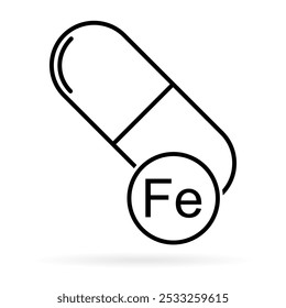 Mineral Fe icon shadow, healthy medicine pill supplement symbol, complex vitamin vector illustration .