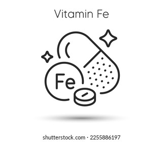 Mineral Fe line icon. Iron capsule sign. Multivitamin pill symbol. Illustration for web and mobile app. Line style ferrum mineral icon. Editable stroke nutrition antioxidant. Vector