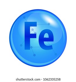 Mineral Ferrum capsule. Vector icon for health. Blue shining vitamin pill.
