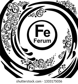Mineral Ferrum. Fe iron formula symbol. Vitamin ferrum complex nutrition substance. Vector illustration.