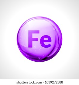 Mineral Ferrum shining pill capcule icon. Fe iron formula symbol. Vitamin ferrum complex nutrition substance.