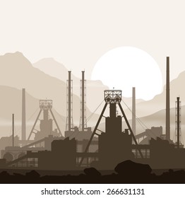 Mineral fertilizers plant over huge mountains. Detailed vector illustration of large manufacturing plant.