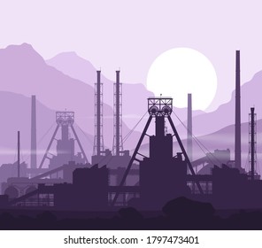 Mineral fertilizers plant over violet great mountain range at sunset. Detail vector illustration of large mine and chemical manufacturing plant.