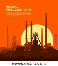 Mineral fertilizers plant at sunset. Detail vector illustration of large of manufacturing plant over orange evening sky with huge shining sun.