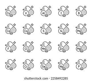 Mineral food supplements capsules line icons. Healthy nutrition, natural vitamins and multivitamin complex set. Chemistry minerals, aluminium and calcium line icons. Magnesium and zinc pills. Vector