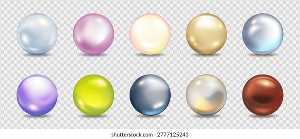 Mineral gemstone sphere in 3D rendering. Glossy pearl ball with crystal-clear surface, golden accents, and realistic texture. Vector illustration of round bead with mother-of-pearl shine.