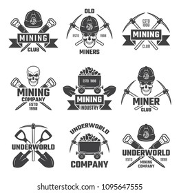 Mineral and gold mining. Vector emblems mine industrial of set illustration