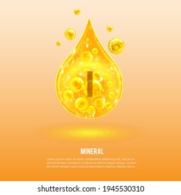 Mineral I. Iodine. Mineral Vitamin complex. Golden drop and golden balls. Health concept. I Iodine. 