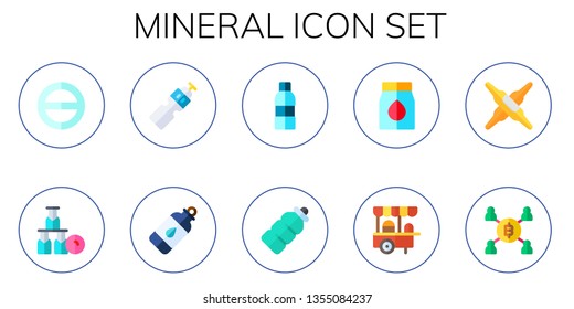 mineral icon set. 10 flat mineral icons.  Simple modern icons about  - salt, bottle, water bottle, plastic bottle, coal, salty, calcium, mining
