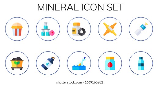 conjunto de iconos minerales. 10 iconos minerales planos. Incluidos salados, carbón, botella, botellas, frasco, frasco, calcio, iconos de botellas de agua