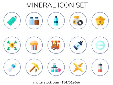 mineral icon set. 15 flat mineral icons.  Simple modern icons about  - plastic bottle, mining, salt and pepper, salty, water bottle, bottles, bottle, salt, calcium