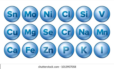 Mineral Icons Set Vector. Mineral Blue Pill Icon. Medicine Capsule. Substance. 3D Vitamin Complex With Chemical Formula. Isolated Illustration