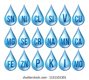 Mineral Icons Set Vector. Mineral Blue Drop Icon. Medicine Droplet. Substance. 3D Vitamin Complex With Chemical Formula. Liquid Isolated Illustration