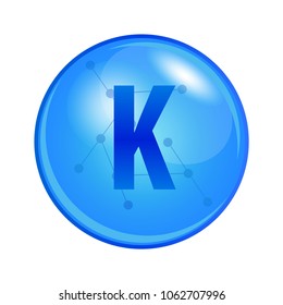 Mineral Kalium or Potassium capsule. Vector icon for health. Blue shining vitamin pill.