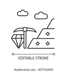 Mineral land linear icon. Mineral processing. Mining area. Extracting geological resources. Thin line customizable illustration. Contour symbol. Vector isolated outline drawing. Editable stroke