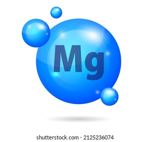 Mineral Mg Magnesium blue shining pill capcule icon . Mineral Vitamin complex with Chemical formula . Shining cyan substance drop. Meds for heath ads. Vector illustration.
