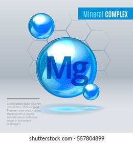 Mineral Mg Magnesium blue shining pill capcule icon . Mineral Vitamin complex with Chemical formula . Shining cyan substance drop. Meds for heath ads. Vector illustration