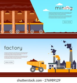 Mineral mining, black mining, coal industry. Mining industry equipment. Mining, quarrying and a heavy-duty trucks. Industrial building factory at background. Flat design vector illustration. 2 banners