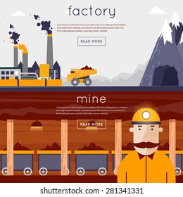 Mineral mining, black mining, coal industry. Miner in a mine produces breed. The truck carries the rock from the mine to the plant. Flat design vector illustration. 2 banners.