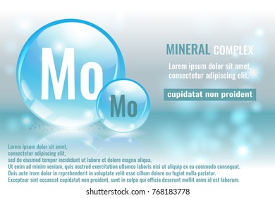 Mineral mo, Molybdaenum complex with chemical element symbol. Pharmaceutic, medical background with space for text.