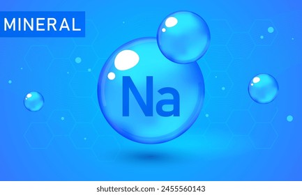 Mineral Na Natrium blue shining pill capsule icon. Shining cyan substance drop. Meds for heath ads. Mineral Na Natrium sign. Mineral Na Natrium background