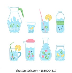 Mineral and natural water in clear bottles. Quote drink more water print, drinking with glass bottle and glass. Various flask on white background. Doodle hand drawn cute trendy vector illustration. 