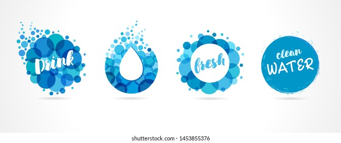 Mineral Natural Water Icons Design. Vector Set Of Abstract Aqua Blue Symbols, Clean Drops And Bubble Wave Logo Template. Concept Set Abstract Drink Or Spa Logos