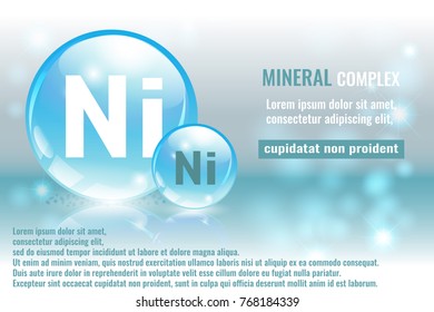 Mineral ni, Niccolum complex with chemical element symbol. Pharmaceutic, medical background with space for text.
