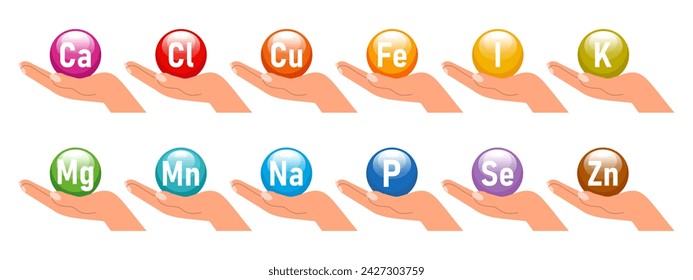 Conjunto de iconos de nutrición mineral. El concepto de salud y medicina. Infografía de comida saludable. Hierro, calcio, magnesio, zinc, potasio, yodo, fósforo, cobre, sodio, manganeso