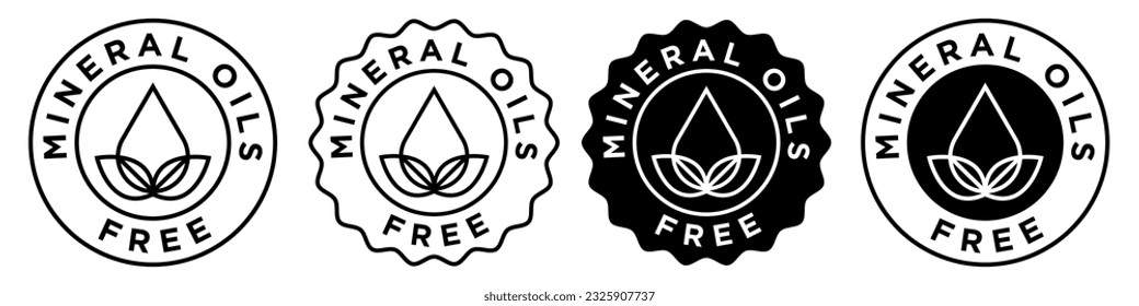 mineral oils free icon. No minerals in cosmetic or food ingredient vector set collection. Leaf with water drop sign emblem . Stamp style round seal of no oil cream packaging illustration.