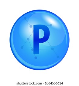 Mineral Phosphorus capsule. Vector icon for health. Blue shining vitamin pill.