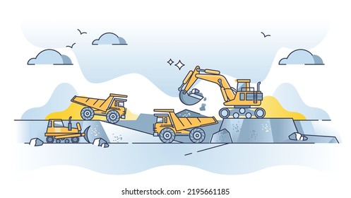 Mineral resources extraction with land digging and drilling outline concept. Land mining and earth material consume with heavy machinery work vector illustration. Coal, stones and rocks production.