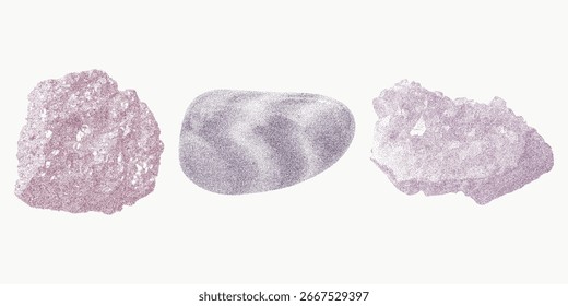 Mineral sample graphics in classic tone. Heavy stipple detail, layered halftone, dusty speckle textures and faded xerox paper edge.