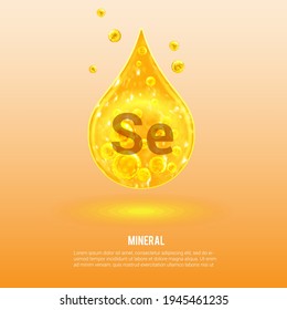 Mineral Se. Selen. Mineral Vitamin Komplex. Goldener Tropfen und goldene Bälle. Gesundheitskonzept. Se Selenium. 