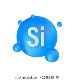 Mineral Si Silicium azul brillante icono de la cápsula. Sustancia Para La Belleza. Complejo Mineral Silicio.