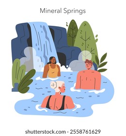 Mineral Springs concept. People enjoying a rejuvenating soak in natural hot springs, surrounded by serene nature. Tranquil spa experience. Vector illustration.