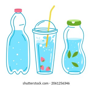 Mineral, still or sparkling water, strawberry berry and mint herbs. Tonic and freshness, drink for summer. Beverage poured in bottles and plastic to go cups. Vector in flat style illustration
