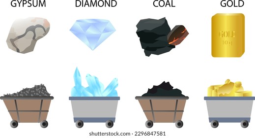 Piedra mineral en una ilustración vectorial de carreta de vagón, conjunto de piedra de minería para la industria y la fabricación, carbón para la energía, yeso para material de construcción, oro y diamante para joyería