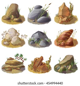 Mineral stones on ground collection of different rocks in natural environment isolated vector illustration