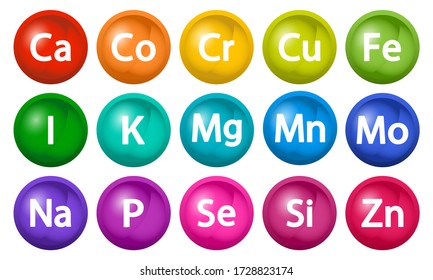 Mineral supplement set. 3d bubbles multivitamin complex. Essential vitamin icons. Calcium Magnesium Zinc Iron Iodine Manganese Cobalt Copper Potassium Molybdenite Chromium Silicon Selenium. Vector