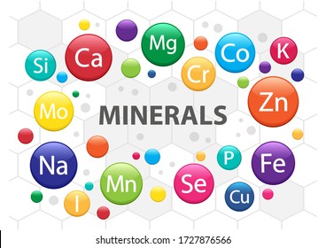 Mineral supplement set. 3d multivitamin complex for health. Vitamin icons. Calcium Magnesium Zinc Iron Iodine Manganese Cobalt Copper Potassium Molybdenite Chromium Silicon Selenium. Vector