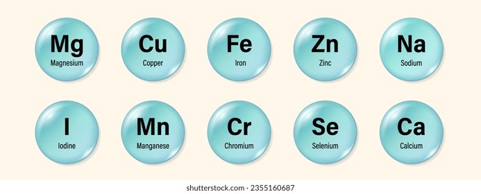 Mineral supplement set vector. Multivitamin complex. Magnesium, copper, iron, zinc, sodium, iodine, manganese, chromium, selenium and calcium.