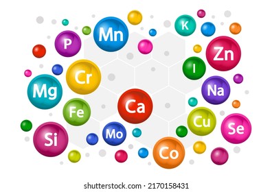 Conjunto de suplementos minerales. Complejo multivitamínico para la salud. Iconos de vitamina. Calcio Zinc Magnesio Hierro Yodo Manganeso Cobalto Cobre Potasio Molíbdenita Cromo Sílice Selenio. Ilustración del vector