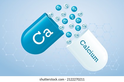 Mineral two-tone blue capsule with Ca, calcium. vitamin broken capsule with bubbles on a blue gradient background. Poster. Vector illustration